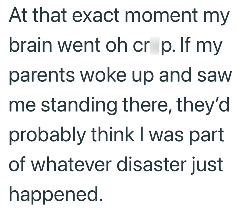 At that exact moment my brain went oh cr p. If my parents woke up and saw me standing there, they'd probably think I was part of whatever disaster just happened.