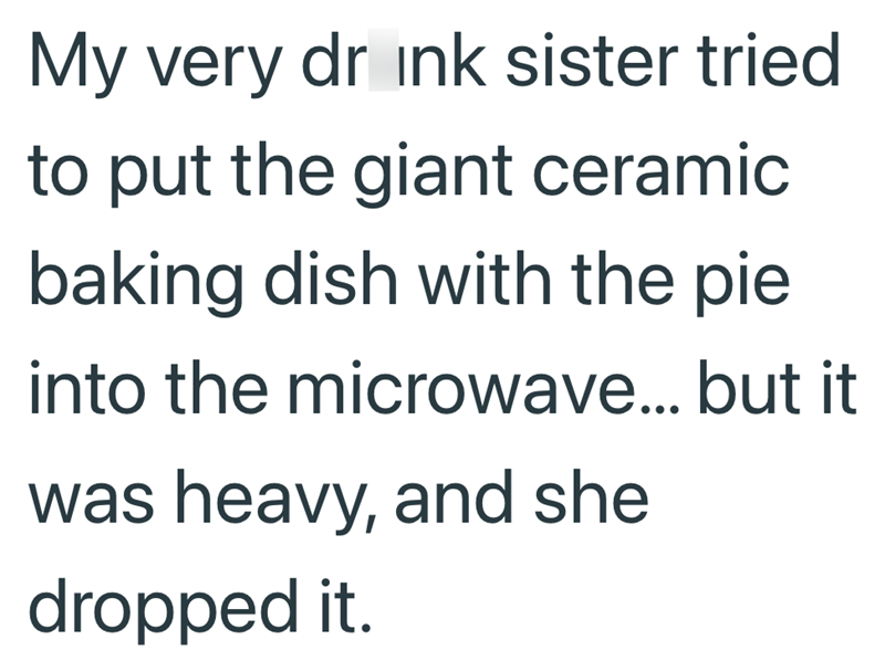My very drink sister tried to put the giant ceramic baking dish with the pie. into the microwave... but it was heavy, and she dropped it.