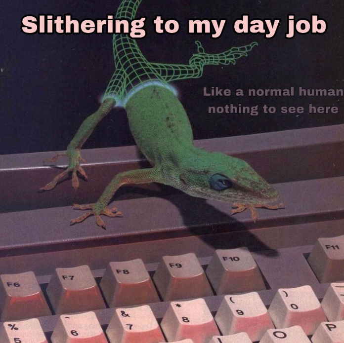 Slithering to my day job Like a normal human nothing to see here F11 F10 F9 FB F7 F6 % ט או 6 7 5 Ο P