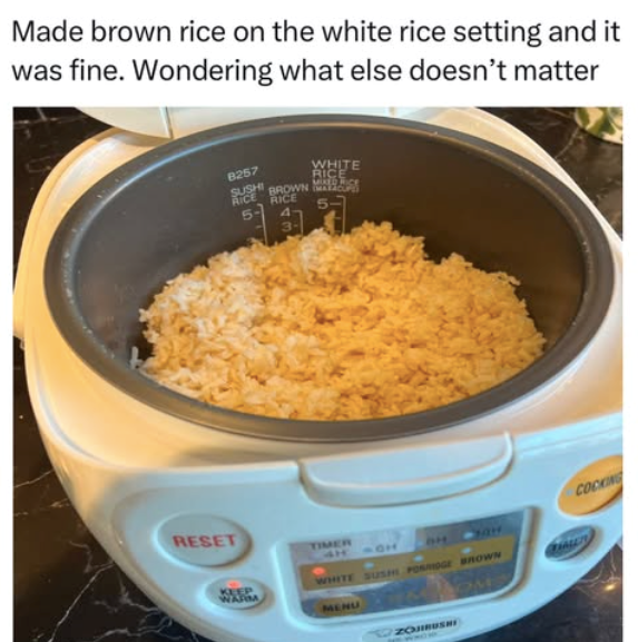 Made brown rice on the white rice setting and it was fine. Wondering what else doesn't matter RESET KEEP WARM 8257 WHITE RICE LIKED R RICE BROWN MA SUSHI RICE 5- 4 TIMER 4H 1911 WHITE SUSHI PORRIDGE BROWN MENU ZOJIRUSH COCKING HALLY