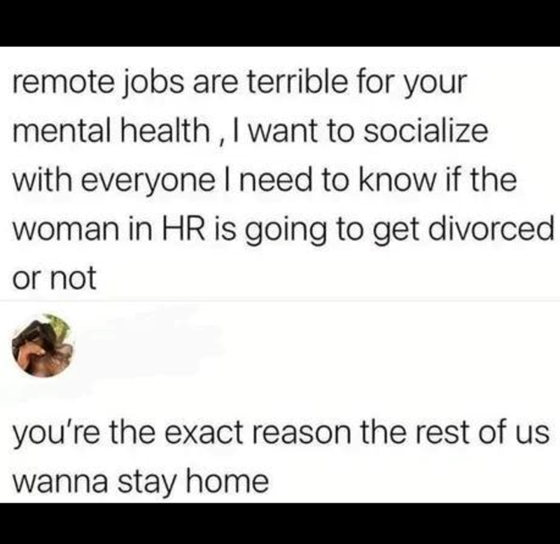 remote jobs are terrible for your mental health, I want to socialize with everyone I need to know if the woman in HR is going to get divorced or not you're the exact reason the rest of us wanna stay home