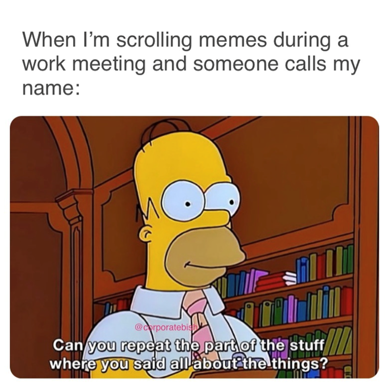 When I'm scrolling memes during a work meeting and someone calls my name: @corporatebish Can you repeat the part of the stuff where you said all about the things?