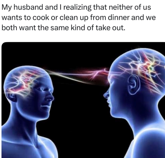My husband and I realizing that neither of us wants to cook or clean up from dinner and we both want the same kind of take out.