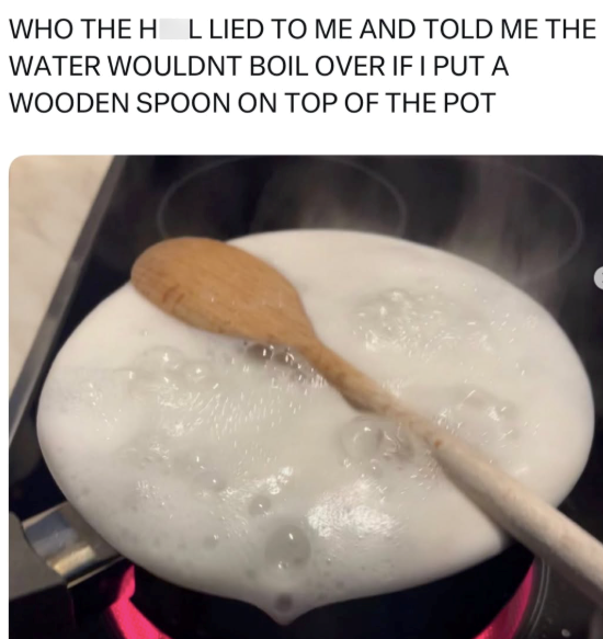 WHO THE HL LIED TO ME AND TOLD ME THE WATER WOULDNT BOIL OVER IF I PUT A WOODEN SPOON ON TOP OF THE POT