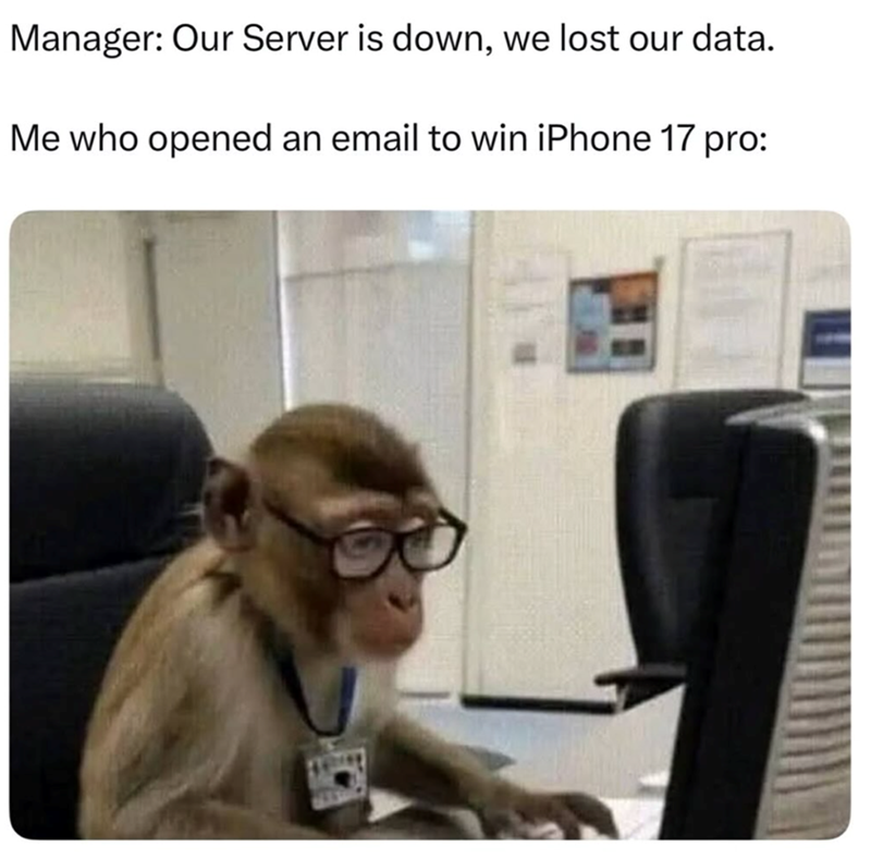 Manager: Our Server is down, we lost our data. Me who opened an email to win iPhone 17 pro: