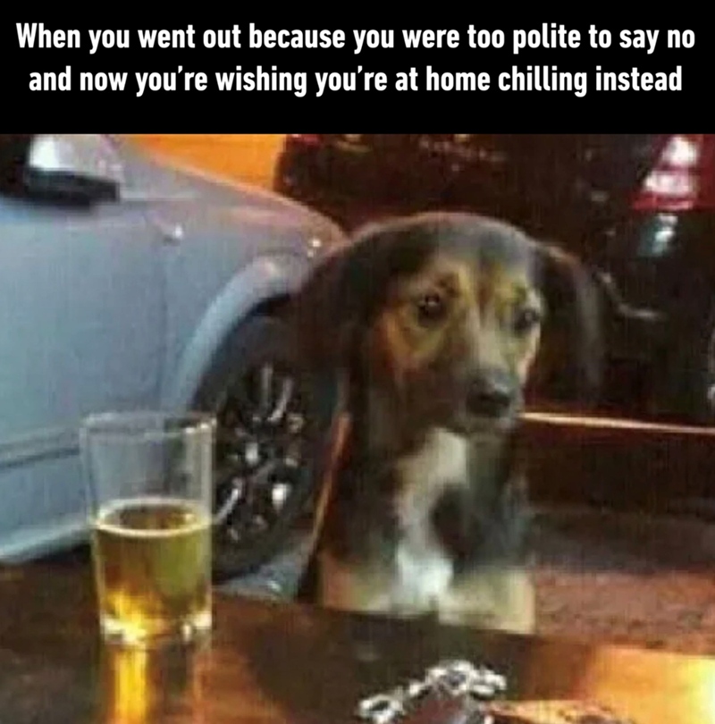 When you went out because you were too polite to say no and now you're wishing you're at home chilling instead