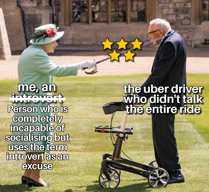me, an introvert Person who is completely incapable of socialising but uses the term introvert as an excuse the uber driver who didn't talk the entire ride SERVER
