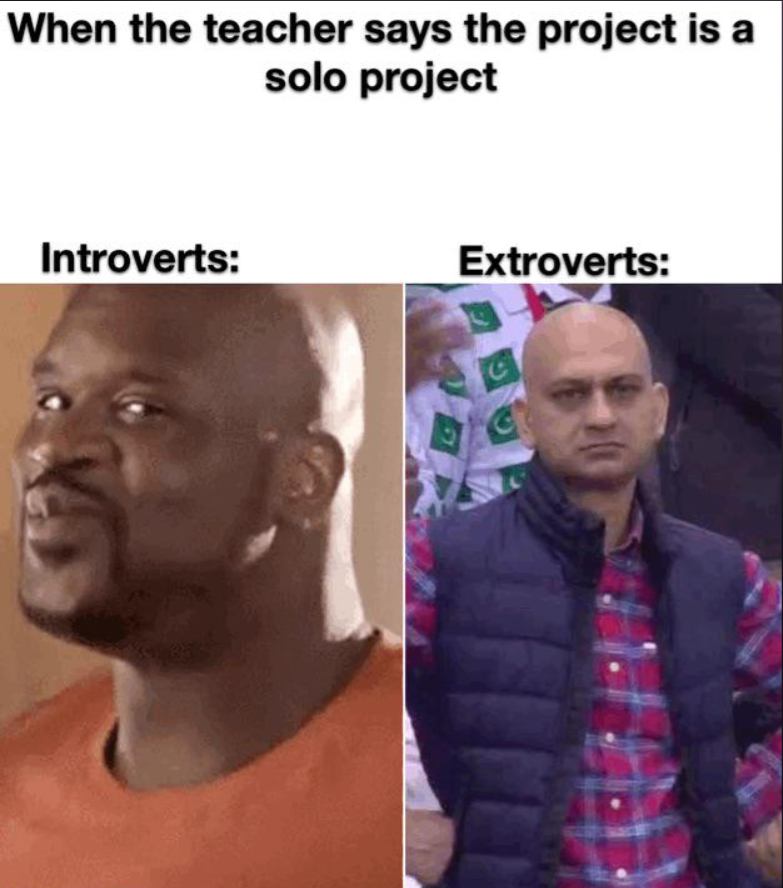 When the teacher says the project is a solo project Introverts: Extroverts: