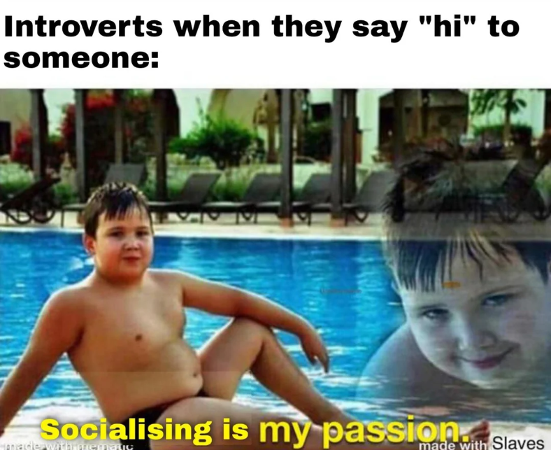 Introverts when they say "hi" to someone: Socialising is my passion. Slaves made with memanly