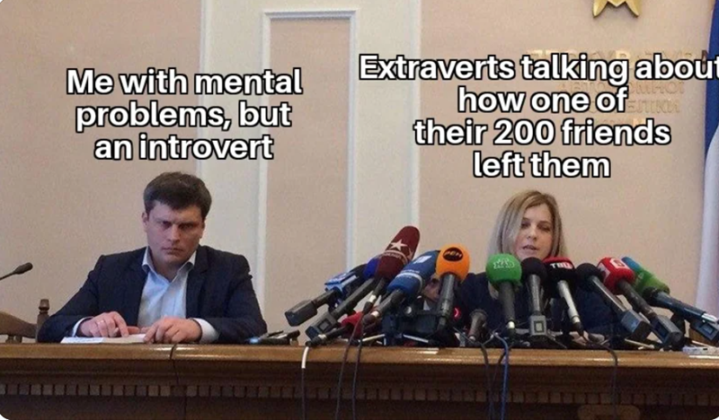 Me with mental problems, but an introvert Extraverts talking about how one of man their 200 friends left them THE