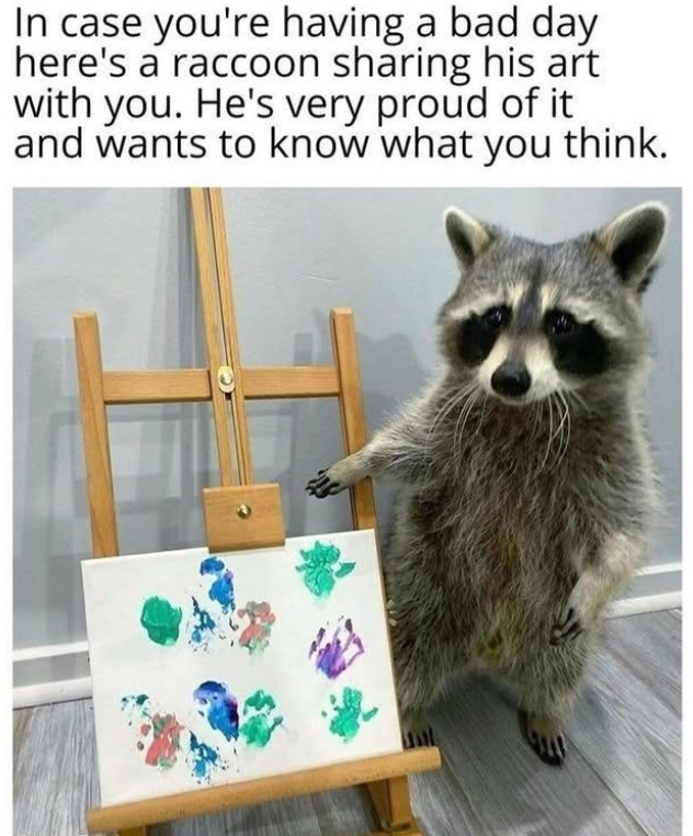 In case you're having a bad day here's a raccoon sharing his art with you. He's very proud of it and wants to know what you think.