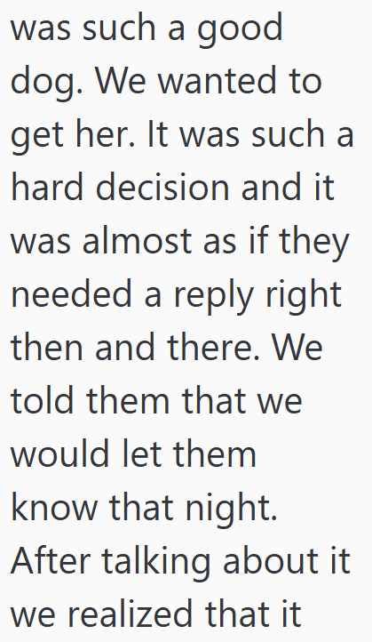 was such a good dog. We wanted to get her. It was such a hard decision and it was almost as if they needed a reply right then and there. We told them that we would let them know that night. After talking about it we realized that it