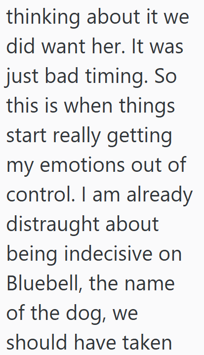 thinking about it we did want her. It was just bad timing. So this is when things start really getting my emotions out of control. I am already distraught about being indecisive on Bluebell, the name of the dog, we should have taken