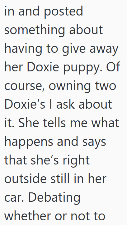 in and posted something about having to give away her Doxie puppy. Of course, owning two Doxie's I ask about it. She tells me what happens and says that she's right outside still in her car. Debating whether or not to