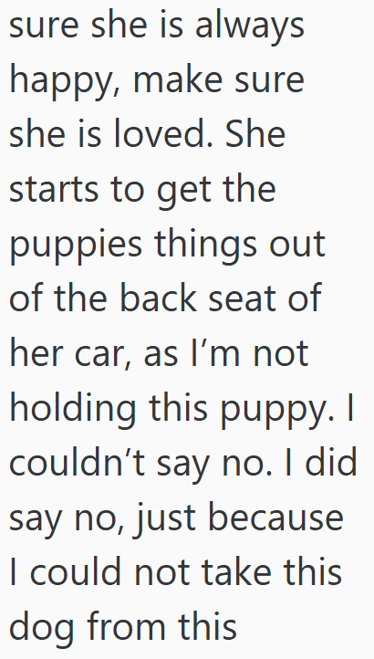 sure she is always happy, make sure she is loved. She starts to get the puppies things out of the back seat of her car, as I'm not holding this puppy. I couldn't say no. I did say no, just because I could not take this dog from this