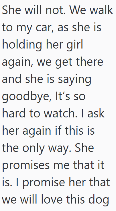 She will not. We walk to my car, as she is holding her girl again, we get there and she is saying goodbye, It's so hard to watch. I ask her again if this is the only way. She promises me that it is. I promise her that we will love this dog