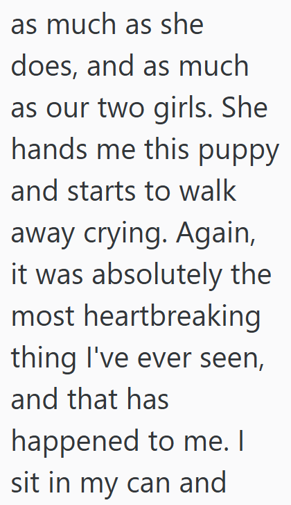 as much as she does, and as much as our two girls. She hands me this puppy and starts to walk away crying. Again, it was absolutely the most heartbreaking thing I've ever seen, and that has happened to me. I sit in my can and