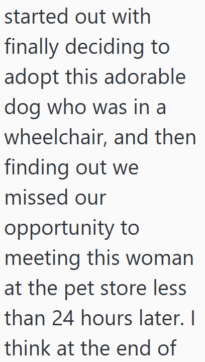 started out with finally deciding to adopt this adorable dog who was in a wheelchair, and then finding out we missed our opportunity to meeting this woman at the pet store less than 24 hours later. I think at the end of