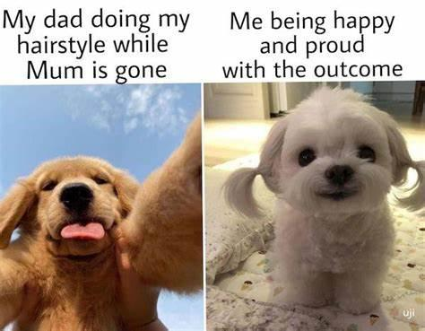 My dad doing my hairstyle while Mum is gone Me being happy and proud with the outcome uji