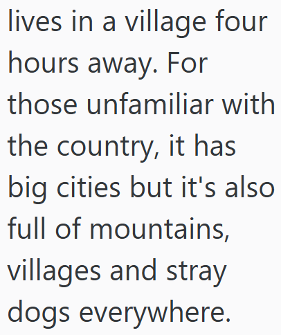 lives in a village four hours away. For those unfamiliar with the country, it has big cities but it's also full of mountains, villages and stray dogs everywhere.