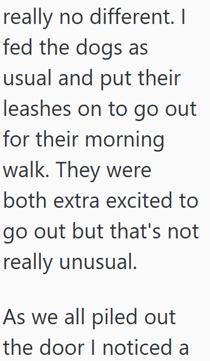 really no different. I fed the dogs as usual and put their leashes on to go out for their morning walk. They were both extra excited to go out but that's not really unusual. As we all piled out the door I noticed a