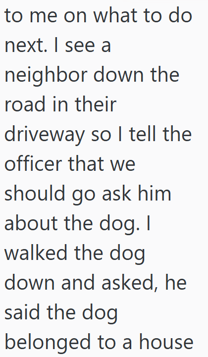 to me on what to do next. I see a neighbor down the road in their driveway so I tell the officer that we should go ask him about the dog. I walked the dog down and asked, he said the dog belonged to a house