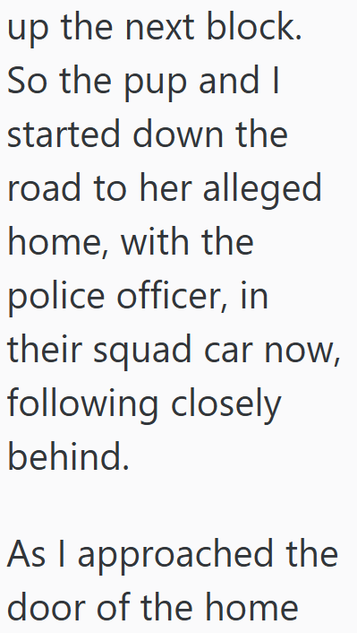 up the next block. So the pup and I started down the road to her alleged home, with the police officer, in their squad car now, following closely behind. As I approached the door of the home