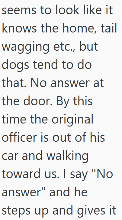 seems to look like it knows the home, tail wagging etc., but dogs tend to do that. No answer at the door. By this time the original officer is out of his car and walking toward us. I say "No answer" and he steps up and gives it