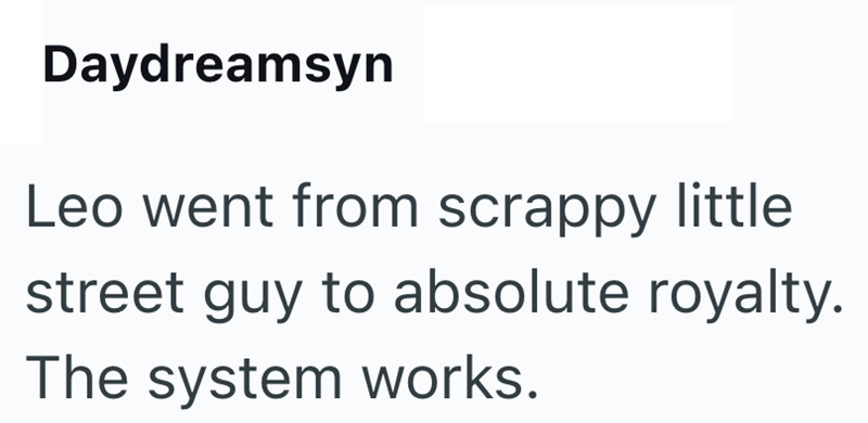 Daydreamsyn Leo went from scrappy little street guy to absolute royalty. The system works.