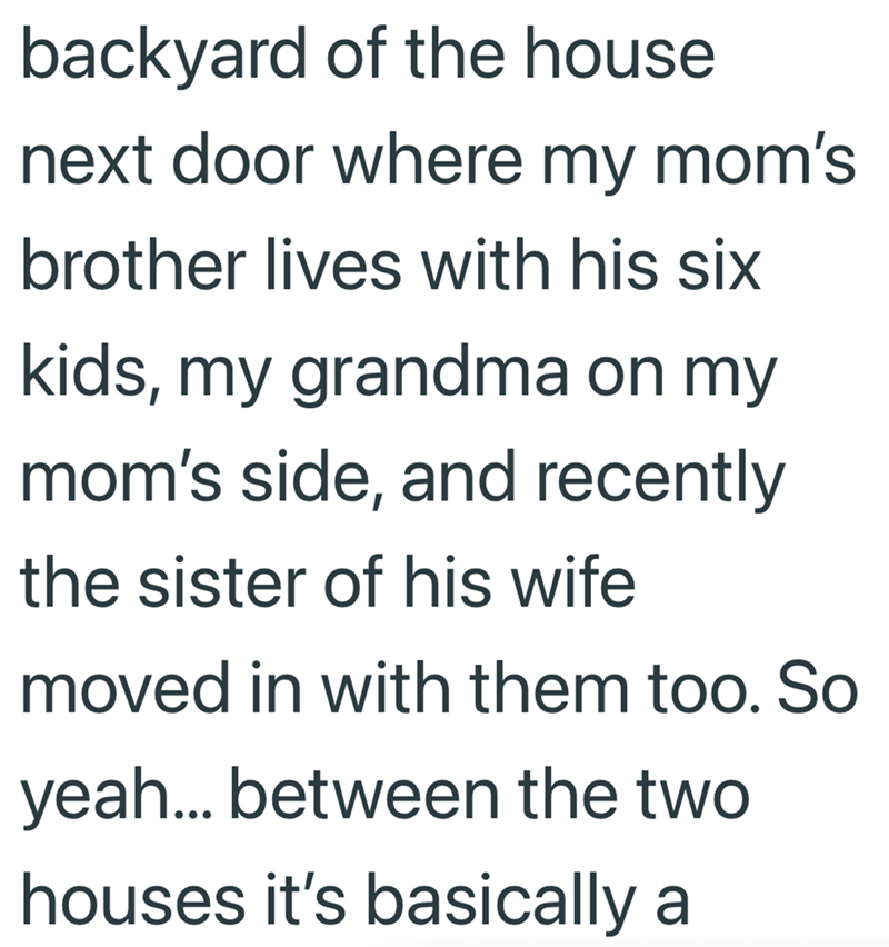 backyard of the house next door where my mom's brother lives with his six kids, my grandma on my mom's side, and recently the sister of his wife moved in with them too. So yeah... between the two houses it's basically a
