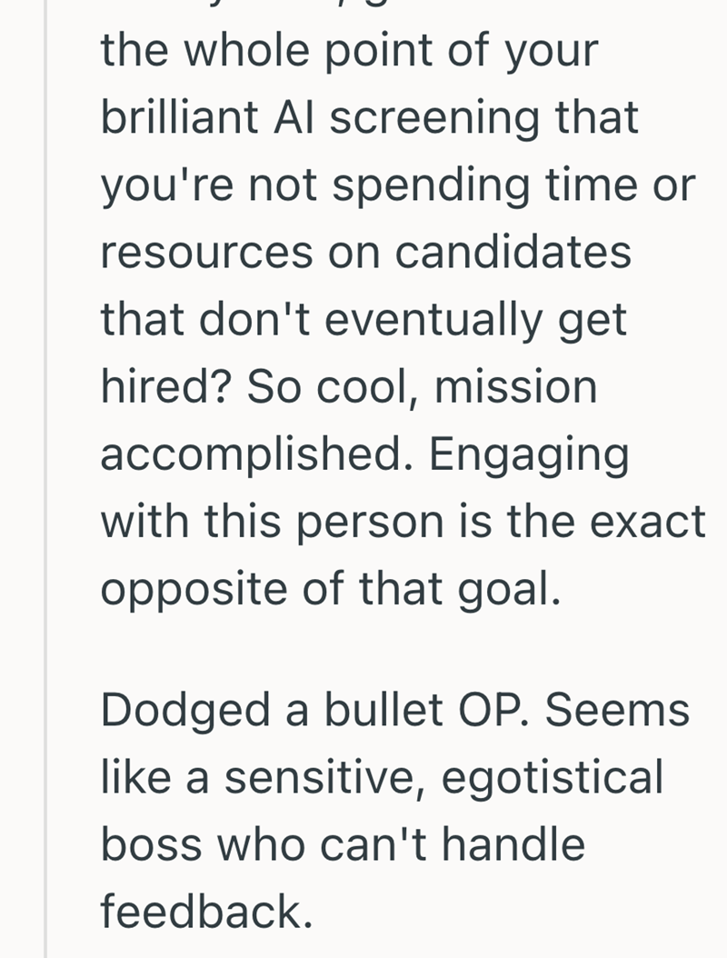 the whole point of your brilliant Al screening that you're not spending time or resources on candidates that don't eventually get hired? So cool, mission accomplished. Engaging with this person is the exact opposite of that goal. Dodged a bullet OP. Seems like a sensitive, egotistical boss who can't handle feedback.