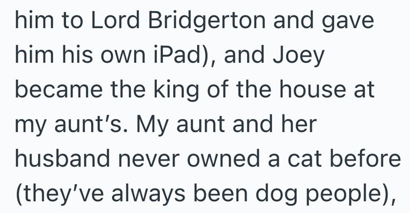 him to Lord Bridgerton and gave him his own iPad), and Joey became the king of the house at my aunt's. My aunt and her husband never owned a cat before (they've always been dog people),