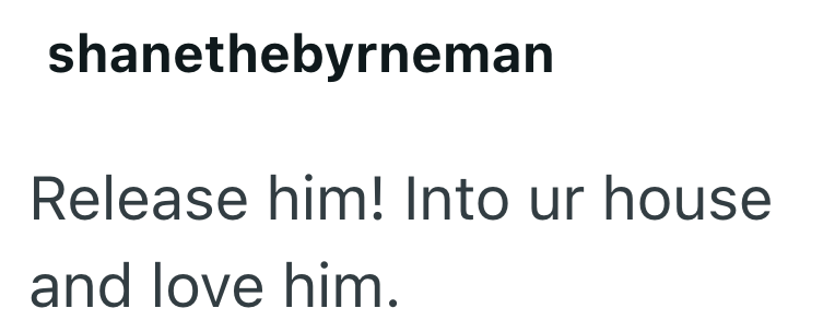 shanethebyrneman Release him! Into ur house and love him.