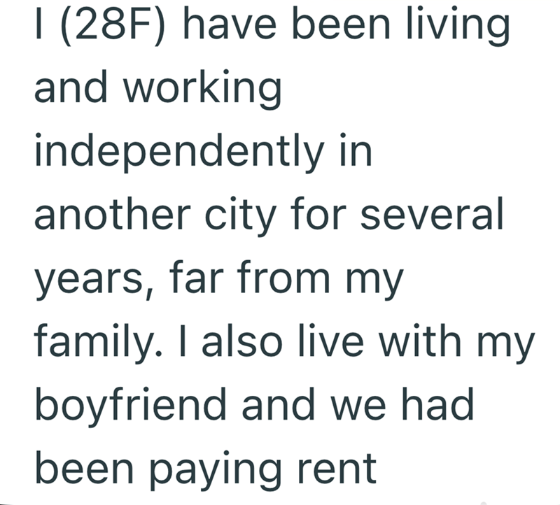 I (28F) have been living and working independently in another city for several years, far from my family. I also live with my boyfriend and we had been paying rent