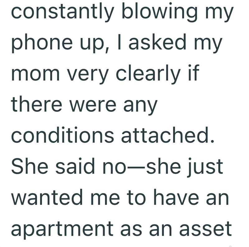 constantly blowing my phone up, I asked my mom very clearly if there were any conditions attached. She said no-she just wanted me to have an apartment as an asset