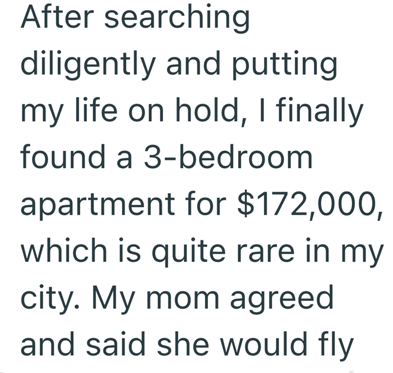 After searching diligently and putting my life on hold, I finally found a 3-bedroom apartment for $172,000, which is quite rare in my city. My mom agreed and said she would fly