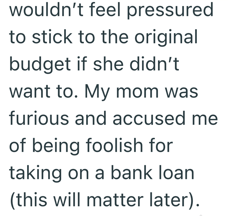 wouldn't feel pressured to stick to the original budget if she didn't want to. My mom was furious and accused me of being foolish for taking on a bank loan (this will matter later).
