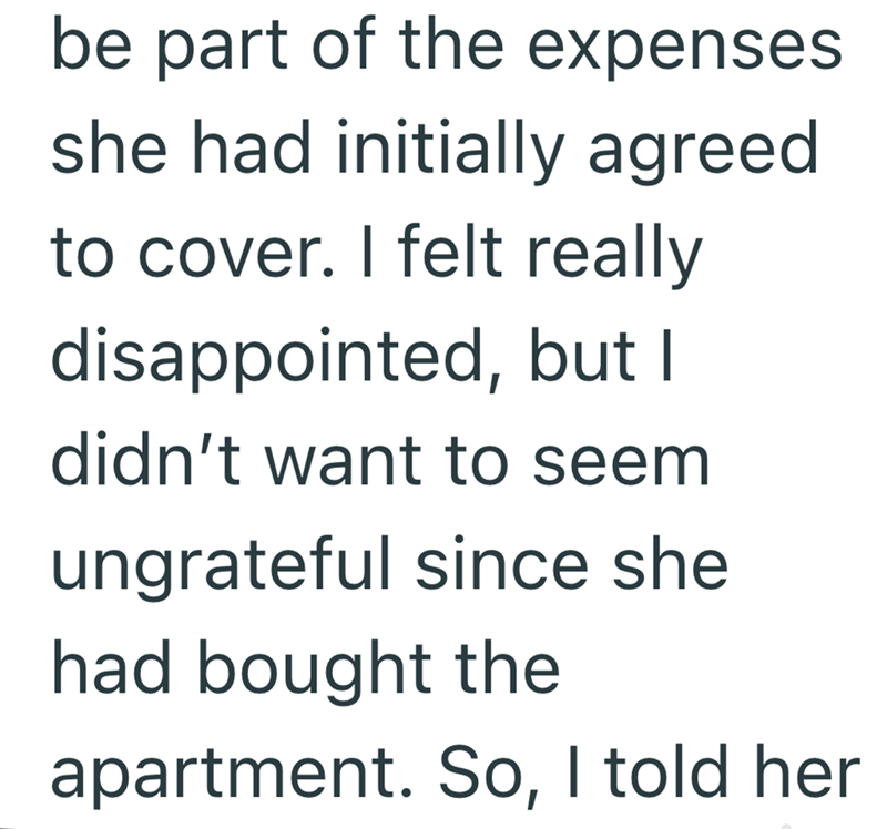 be part of the expenses she had initially agreed to cover. I felt really disappointed, but I didn't want to seem ungrateful since she had bought the apartment. So, I told her