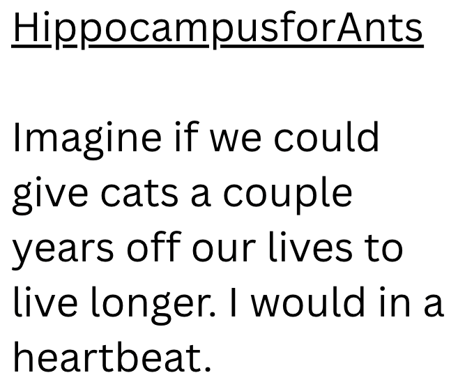 HippocampusforAnts Imagine if we could give cats a couple years off our lives to live longer. I would in a heartbeat.