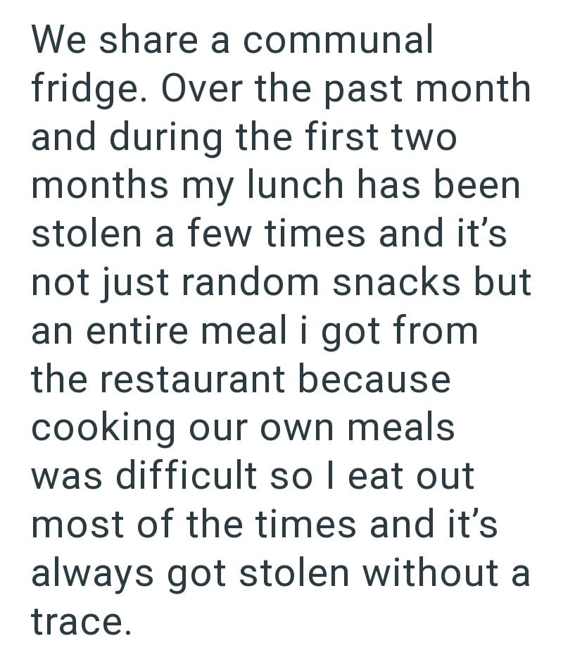 We share a communal fridge. Over the past month and during the first two months my lunch has been stolen a few times and it's not just random snacks but an entire meal i got from the restaurant because cooking our own meals was difficult so I eat out most of the times and it's always got stolen without a trace.