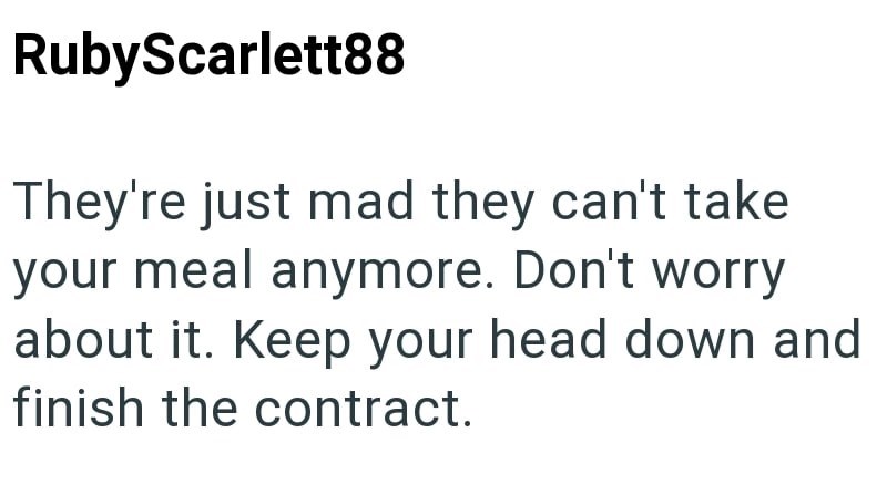 RubyScarlett88 They're just mad they can't take your meal anymore. Don't worry about it. Keep your head down and finish the contract.