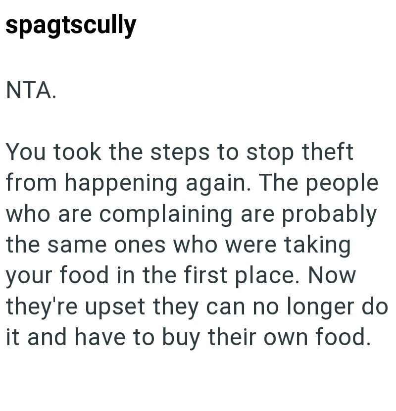 spagtscully NTA. You took the steps to stop theft from happening again. The people who are complaining are probably the same ones who were taking your food in the first place. Now they're upset they can no longer do it and have to buy their own food.