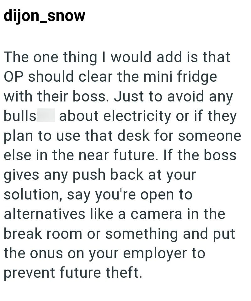 dijon_snow The one thing I would add is that OP should clear the mini fridge with their boss. Just to avoid any bulls about electricity or if they plan to use that desk for someone else in the near future. If the boss gives any push back at your solution, say you're open to alternatives like a camera in the break room or something and put the onus on your employer to prevent future theft.
