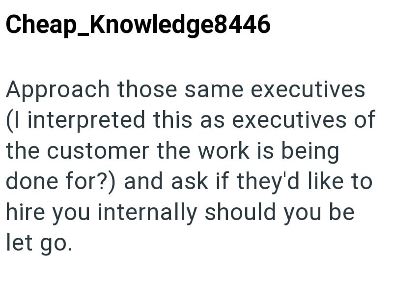 Cheap_Knowledge8446 Approach those same executives (I interpreted this as executives of the customer the work is being done for?) and ask if they'd like to hire you internally should you be let go.