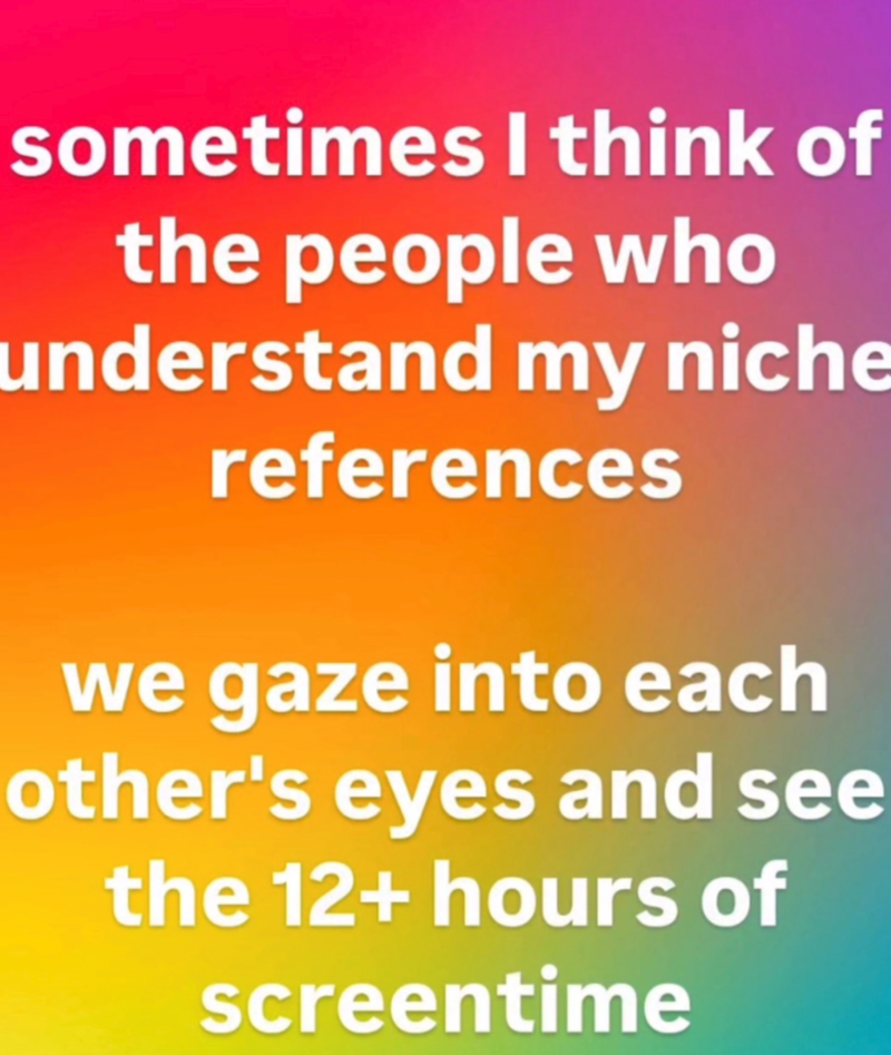 sometimes I think of the people who understand my niche references we gaze into each other's eyes and see the 12+ hours of screentime