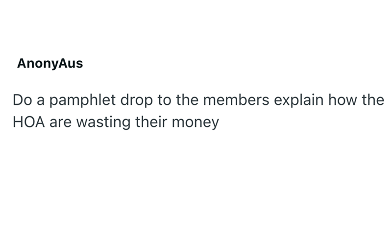 AnonyAus Do a pamphlet drop to the members explain how the HOA are wasting their money