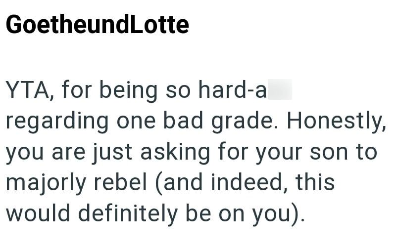 GoetheundLotte YTA, for being so hard-al regarding one bad grade. Honestly, you are just asking for your son to majorly rebel (and indeed, this would definitely be on you).