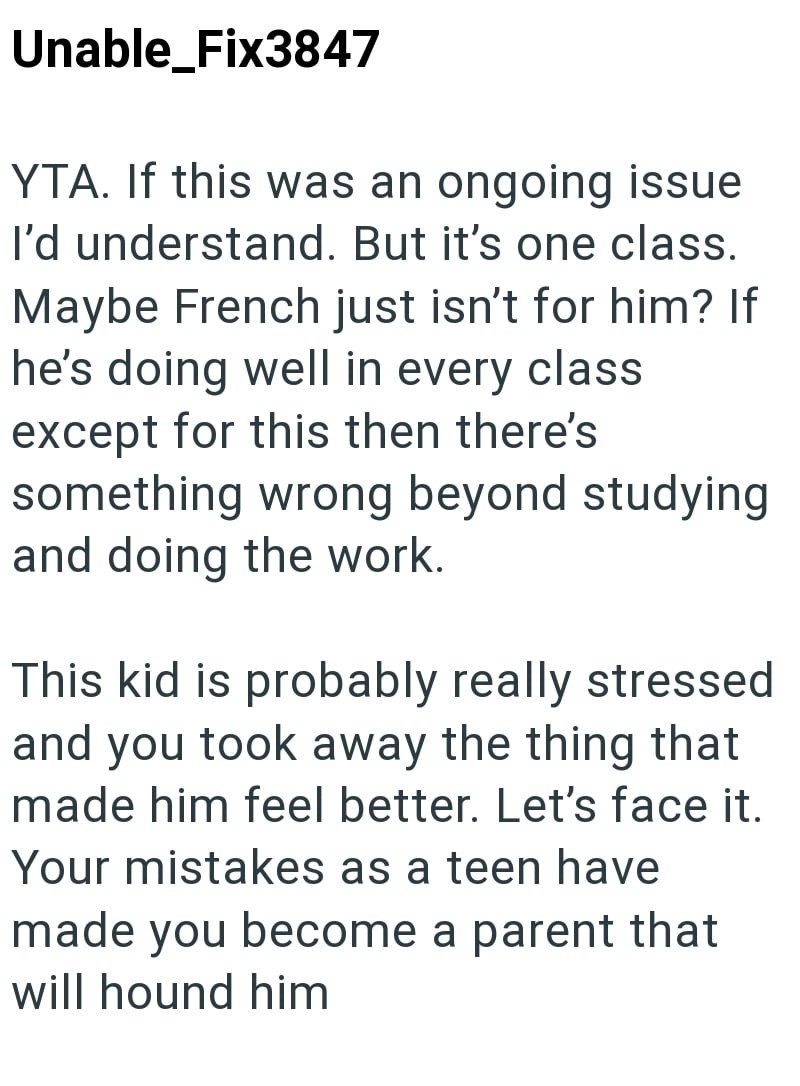 Unable_Fix3847 YTA. If this was an ongoing issue I'd understand. But it's one class. Maybe French just isn't for him? If he's doing well in every class except for this then there's something wrong beyond studying and doing the work. This kid is probably really stressed and you took away the thing that made him feel better. Let's face it. Your mistakes as a teen have made you become a parent that will hound him