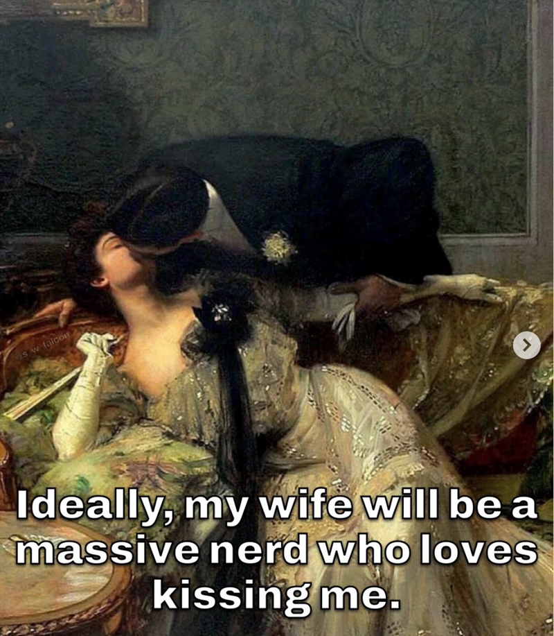 @s w falcon Ideally, my wife will be a massive nerd who loves kissing me.