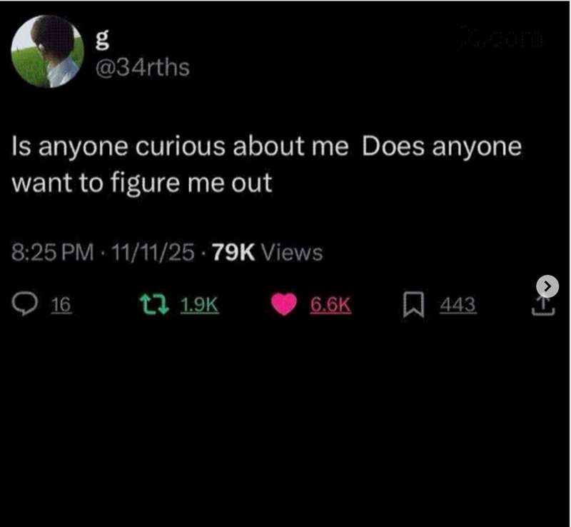 g @34rths 24.com Is anyone curious about me Does anyone want to figure me out 8:25 PM 11/11/25 79K Views 16 t 1.9K 6.6K ☐ 443